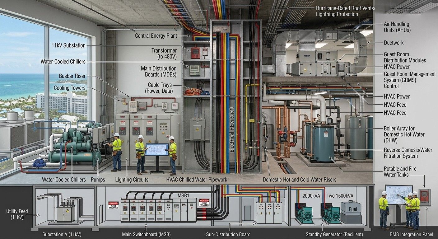 Annotated cutaway of a hotel MEP plant: 11kV substation, main switchboard, water cooled chillers, electrical riser shaft, standby generators and BMS integration panel