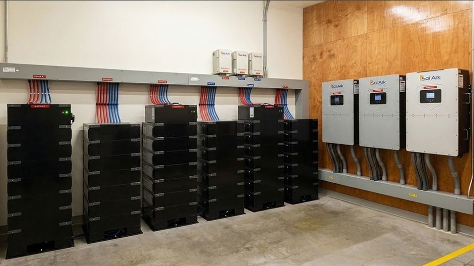 Battery storage stacks with three hybrid inverters wall mounted