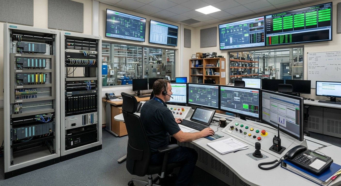 Instrumentation and control room with SCADA screens and PLC racks