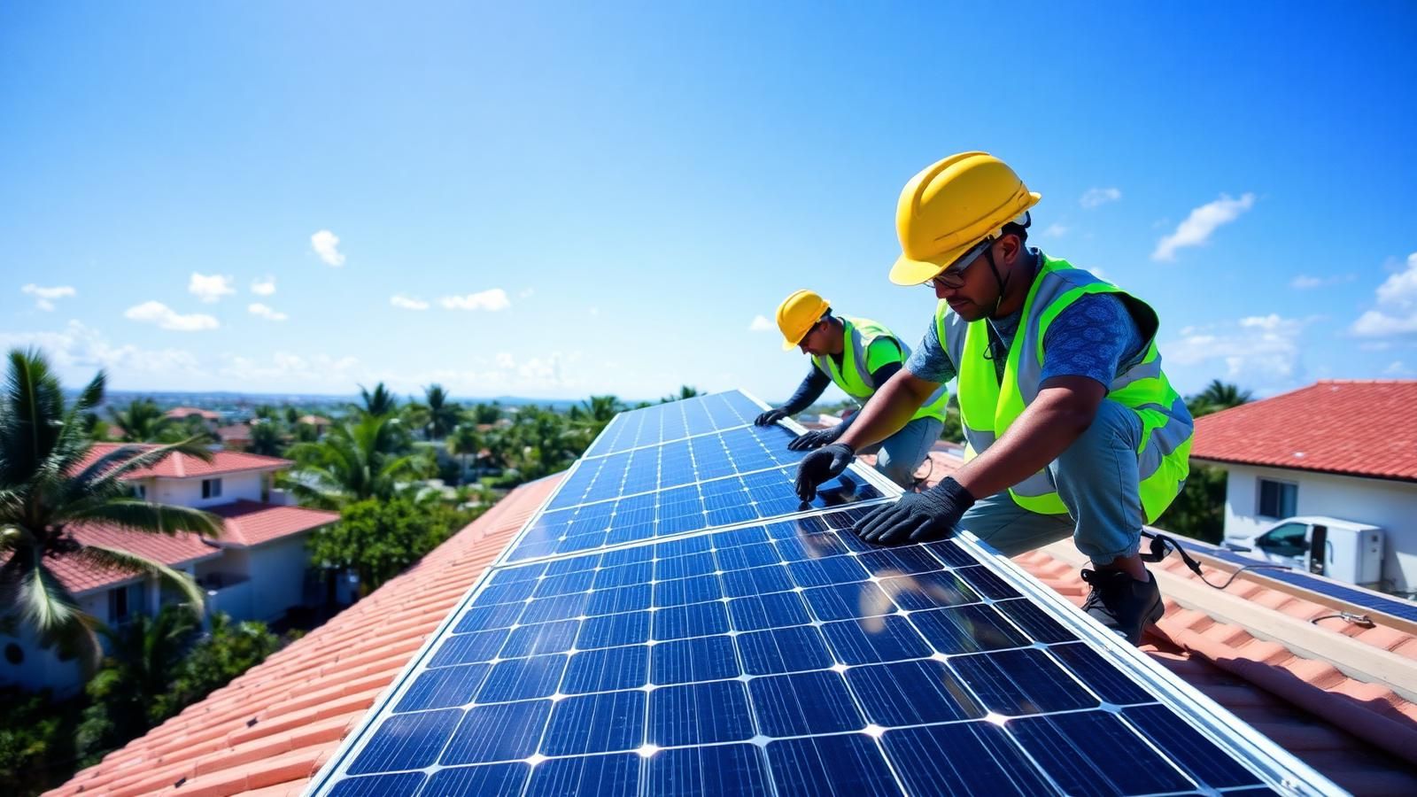 Technicians installing solar panels on a Caribbean residential roof